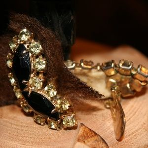 Gold, Black, and Rhinestone Clip-On Earrings